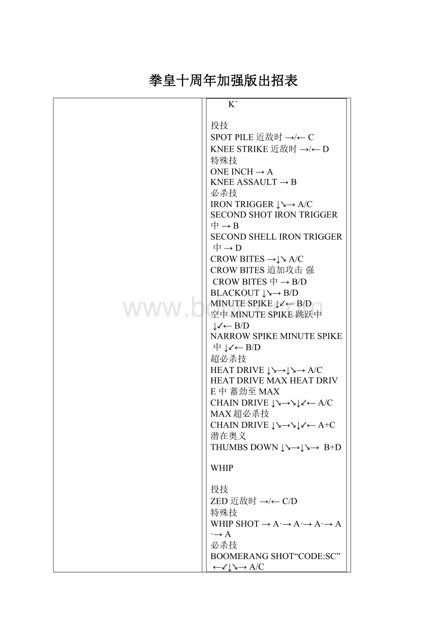 拳皇十周年加强版出招表Word格式文档下载.docx