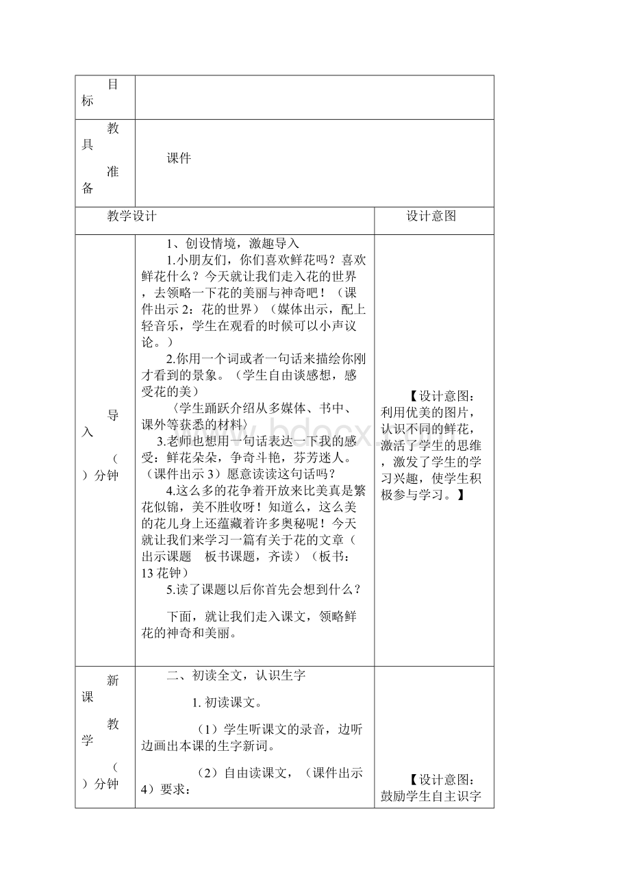 一年级语文下册第13课教学设计 及教学反思13 花钟教案Word文件下载.docx_第2页