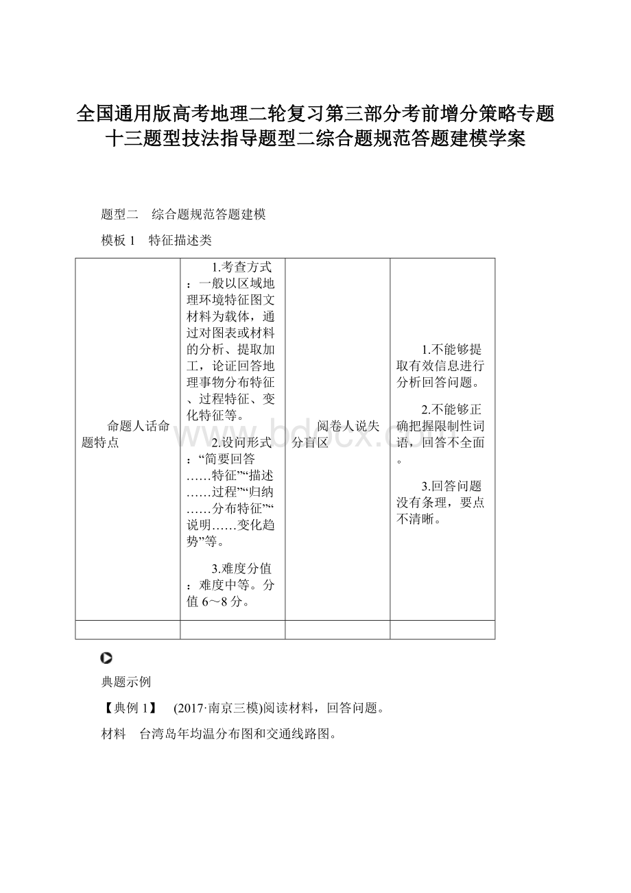 全国通用版高考地理二轮复习第三部分考前增分策略专题十三题型技法指导题型二综合题规范答题建模学案Word文件下载.docx