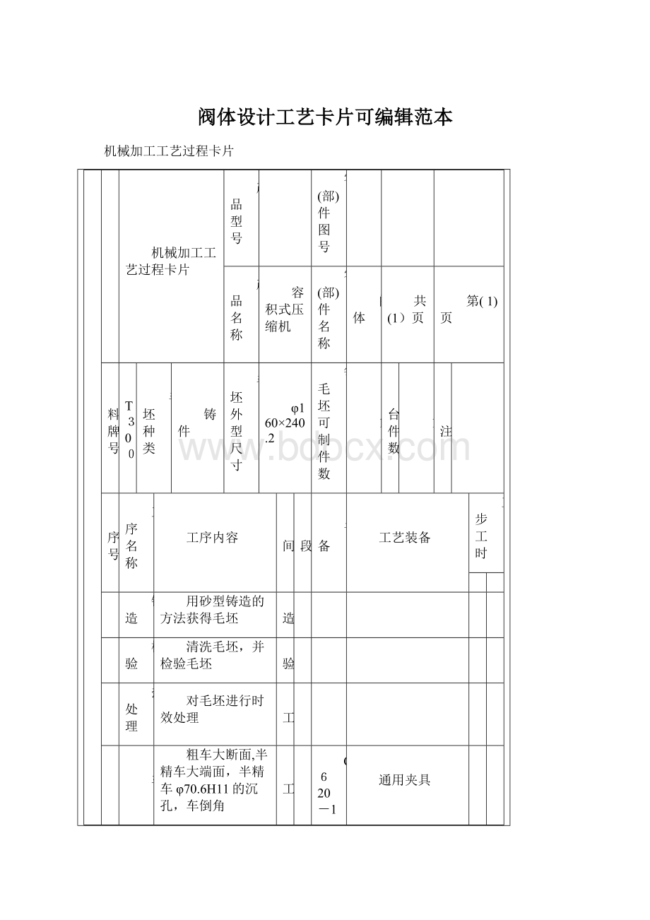 阀体设计工艺卡片可编辑范本Word格式文档下载.docx_第1页