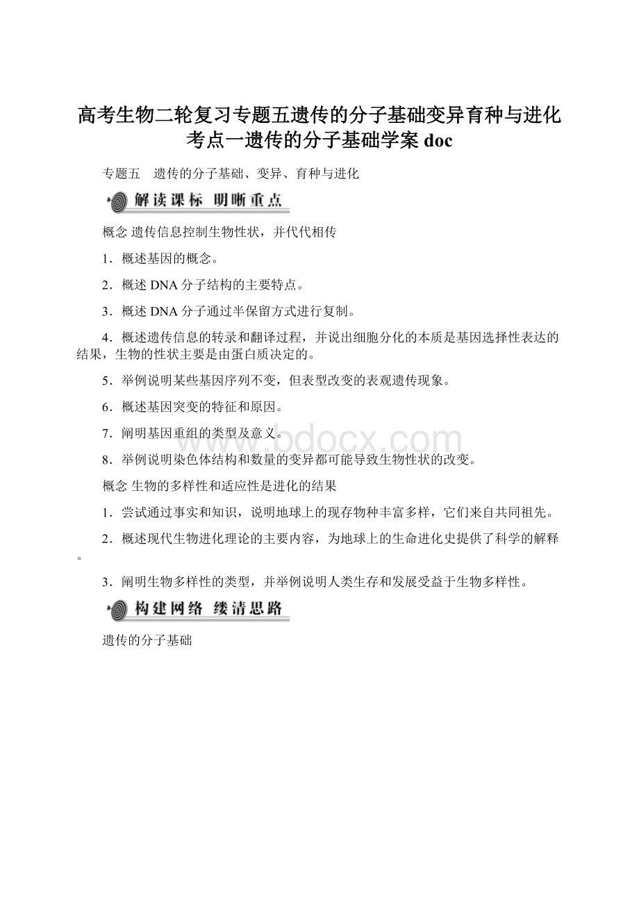 高考生物二轮复习专题五遗传的分子基础变异育种与进化考点一遗传的分子基础学案doc.docx