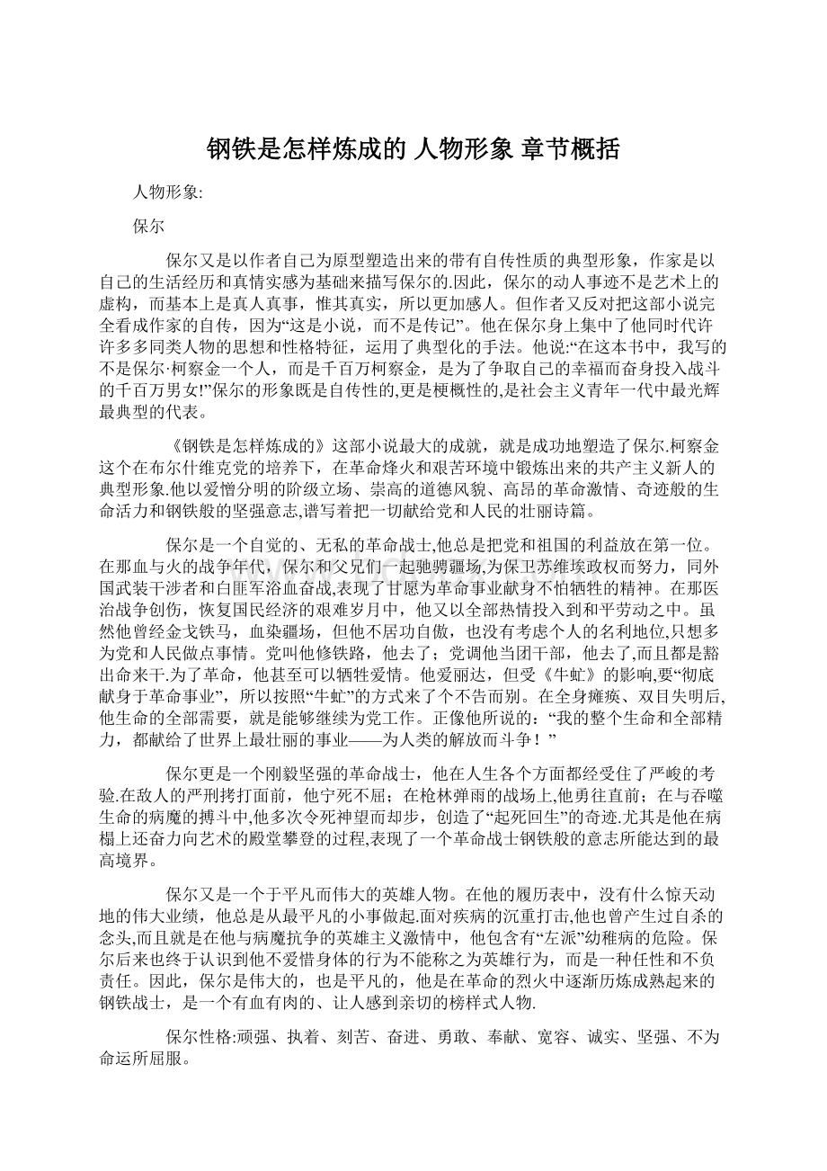 钢铁是怎样炼成的 人物形象 章节概括文档格式.docx