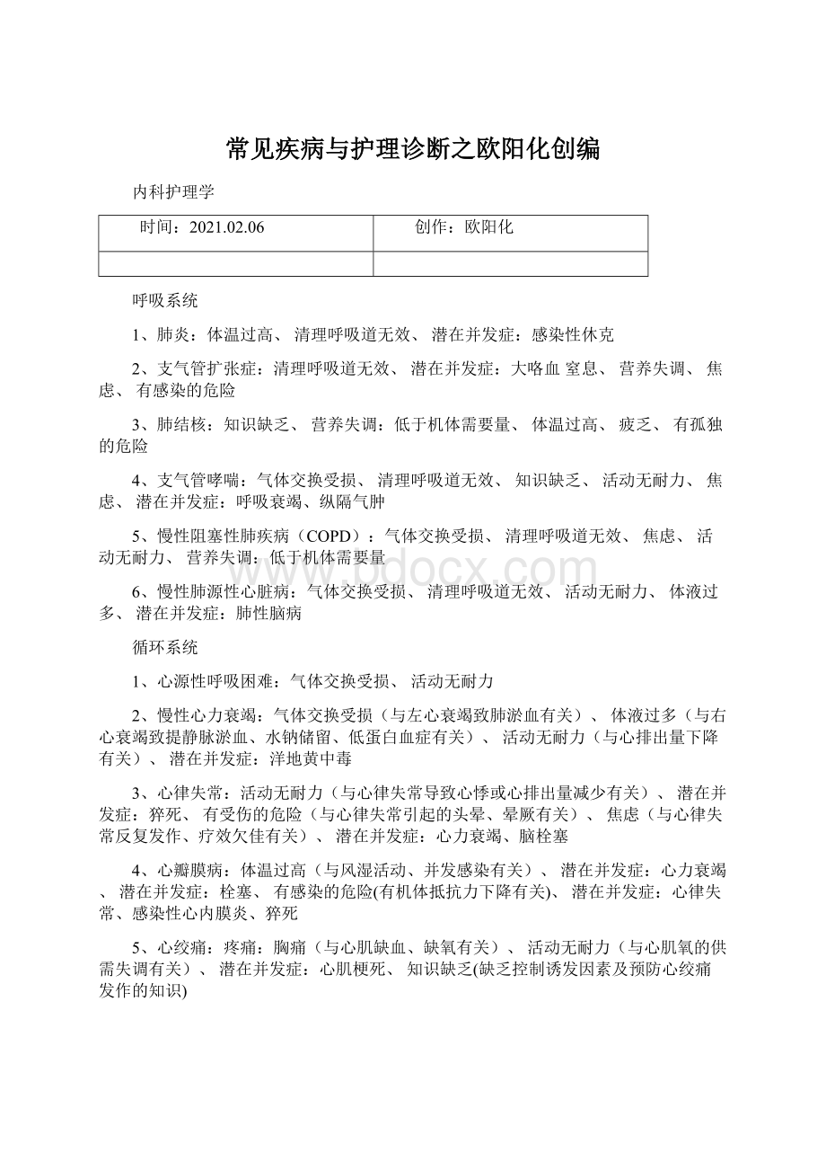 常见疾病与护理诊断之欧阳化创编Word格式.docx