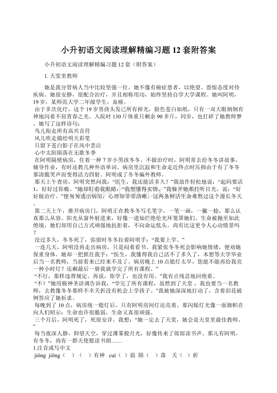 小升初语文阅读理解精编习题12套附答案.docx_第1页