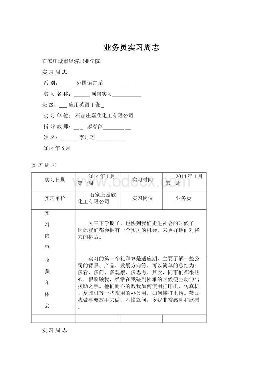 业务员实习周志Word文档格式.docx