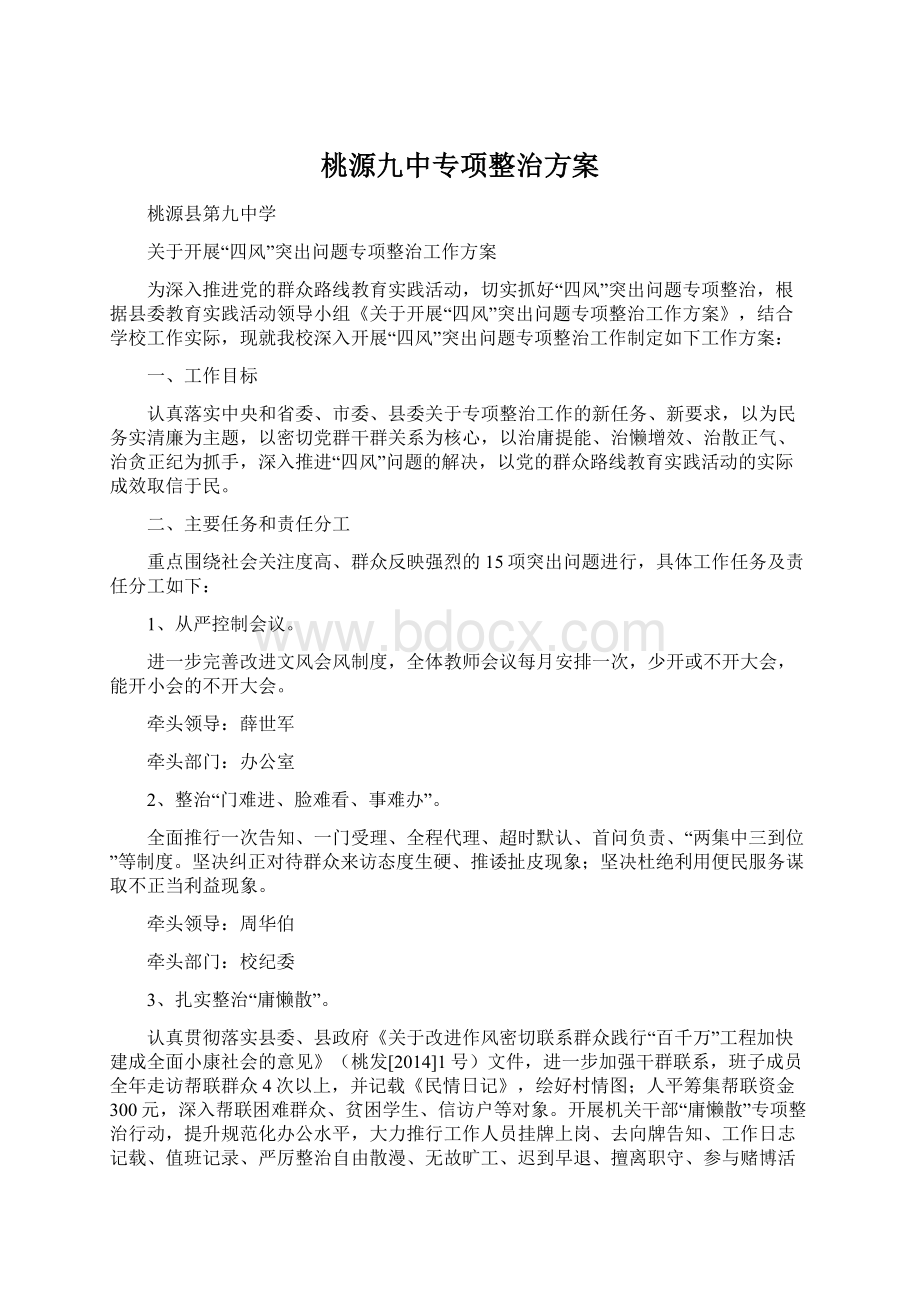 桃源九中专项整治方案Word格式文档下载.docx