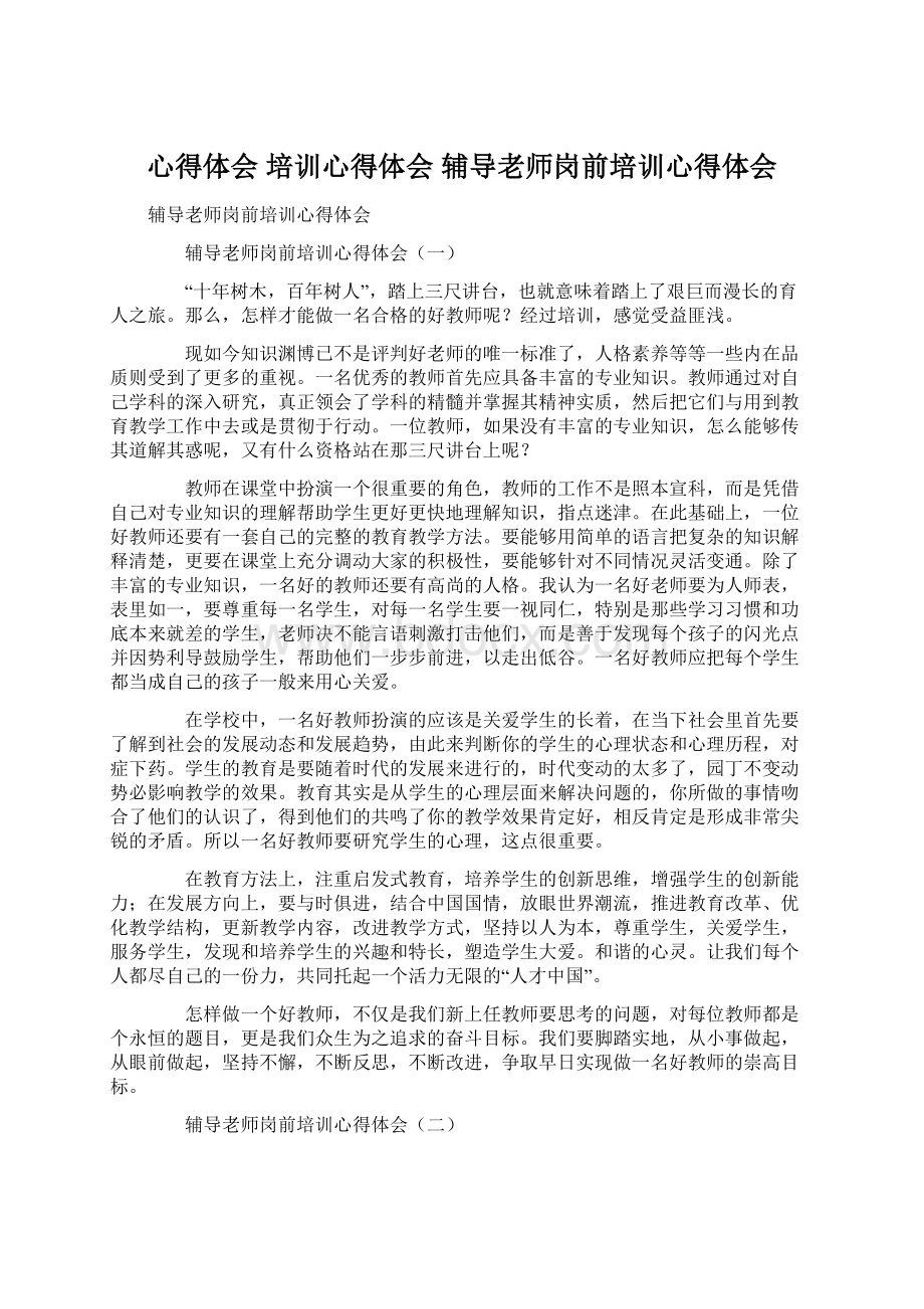 心得体会 培训心得体会 辅导老师岗前培训心得体会Word格式.docx