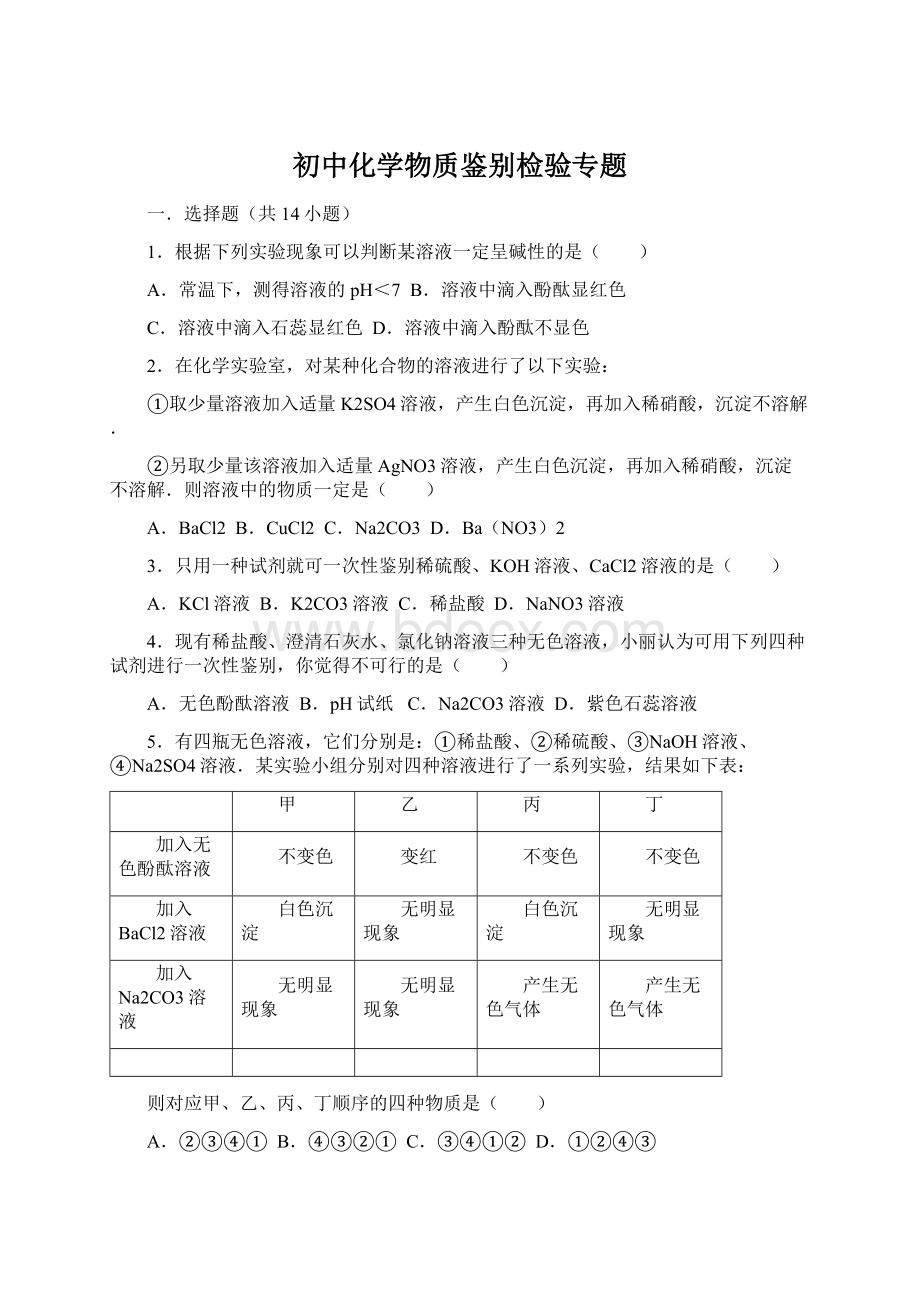 初中化学物质鉴别检验专题.docx