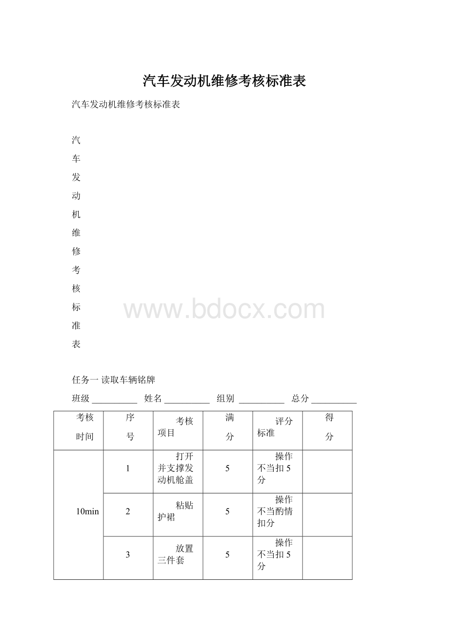 汽车发动机维修考核标准表.docx_第1页