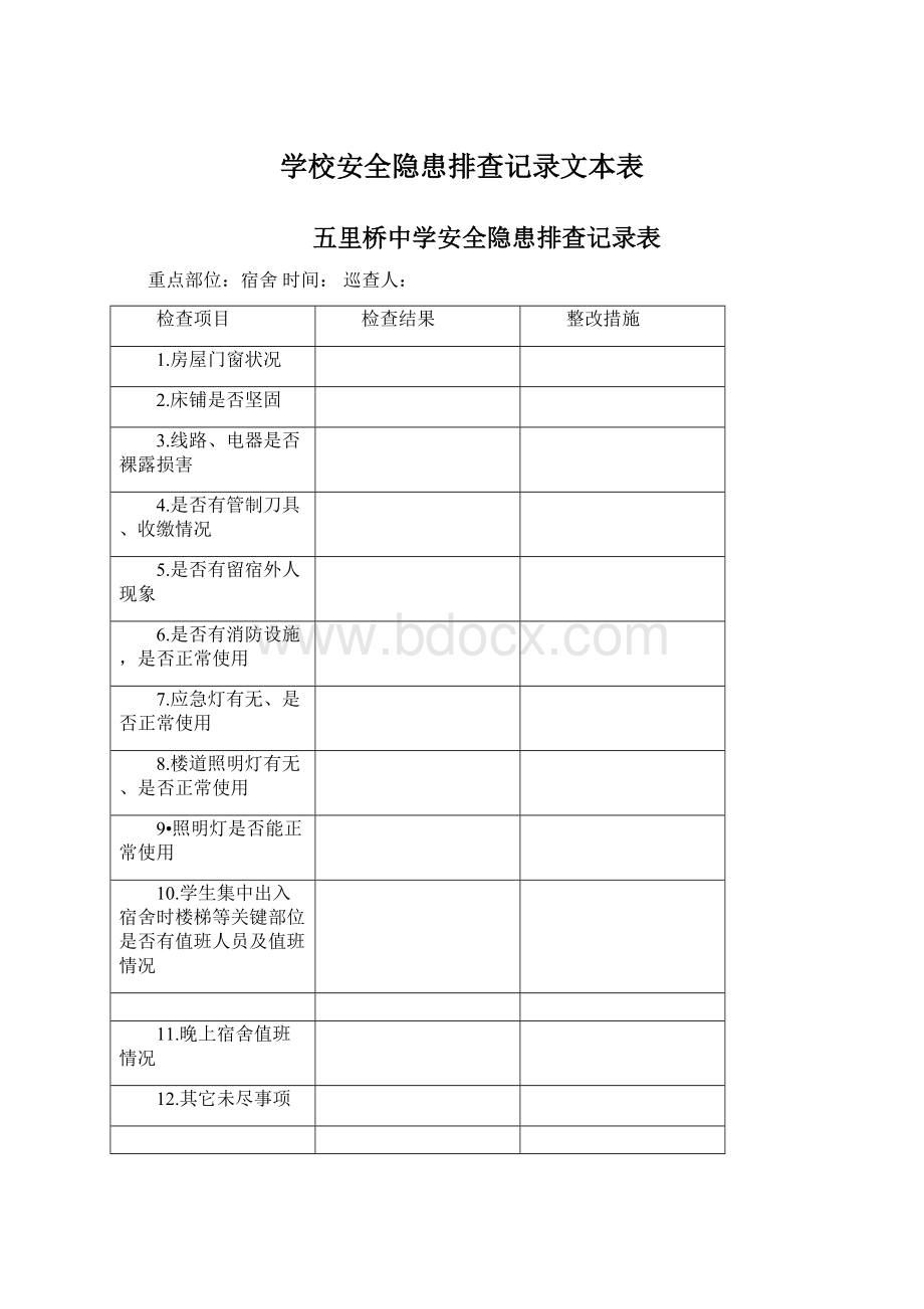 学校安全隐患排查记录文本表文档格式.docx_第1页