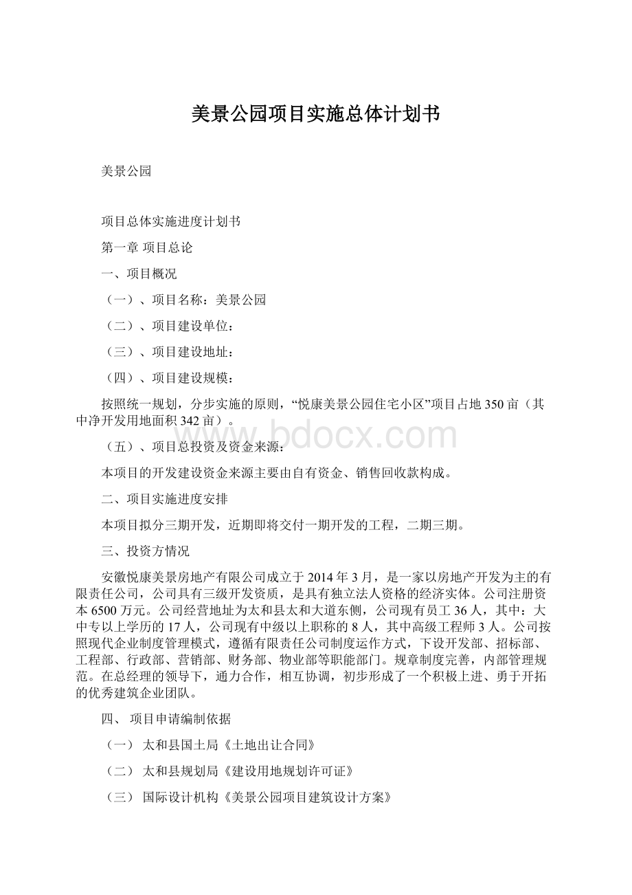 美景公园项目实施总体计划书Word下载.docx