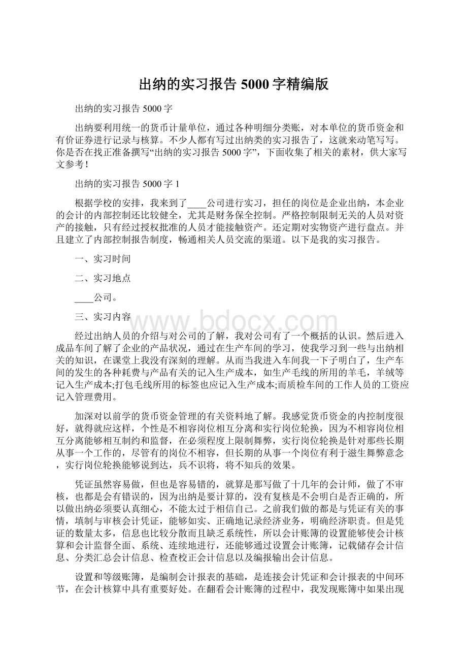 出纳的实习报告5000字精编版.docx