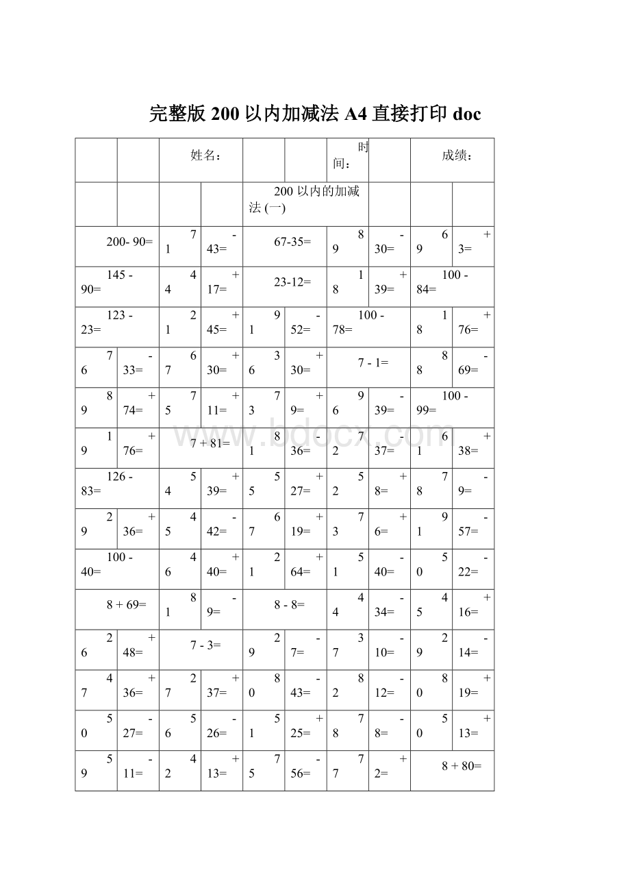 完整版200以内加减法A4直接打印docWord格式文档下载.docx