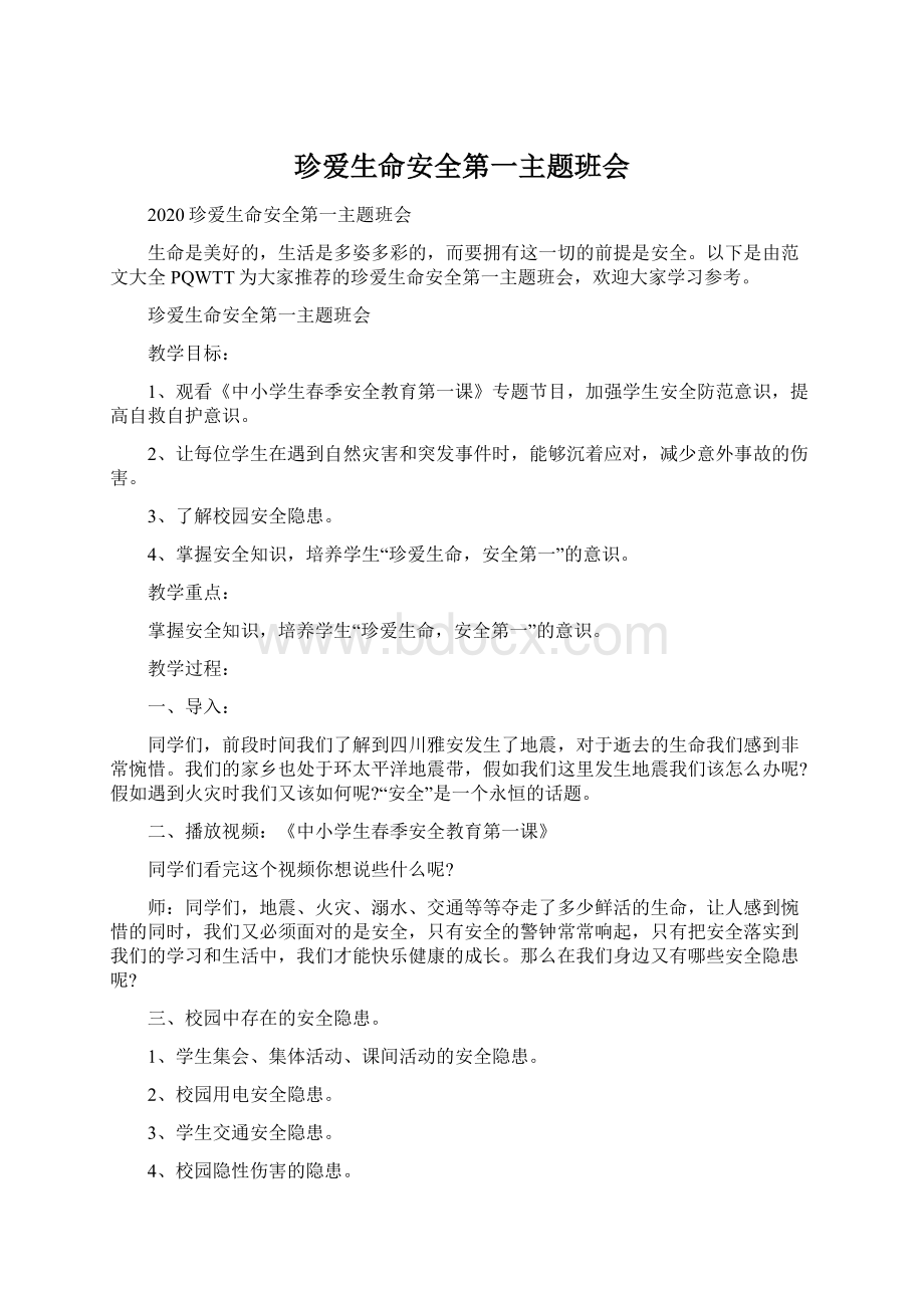 珍爱生命安全第一主题班会Word文档格式.docx_第1页