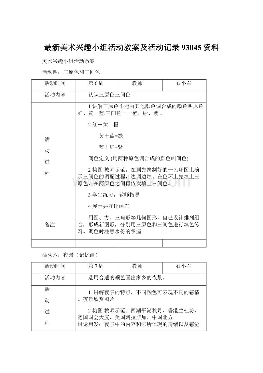 最新美术兴趣小组活动教案及活动记录93045资料.docx_第1页