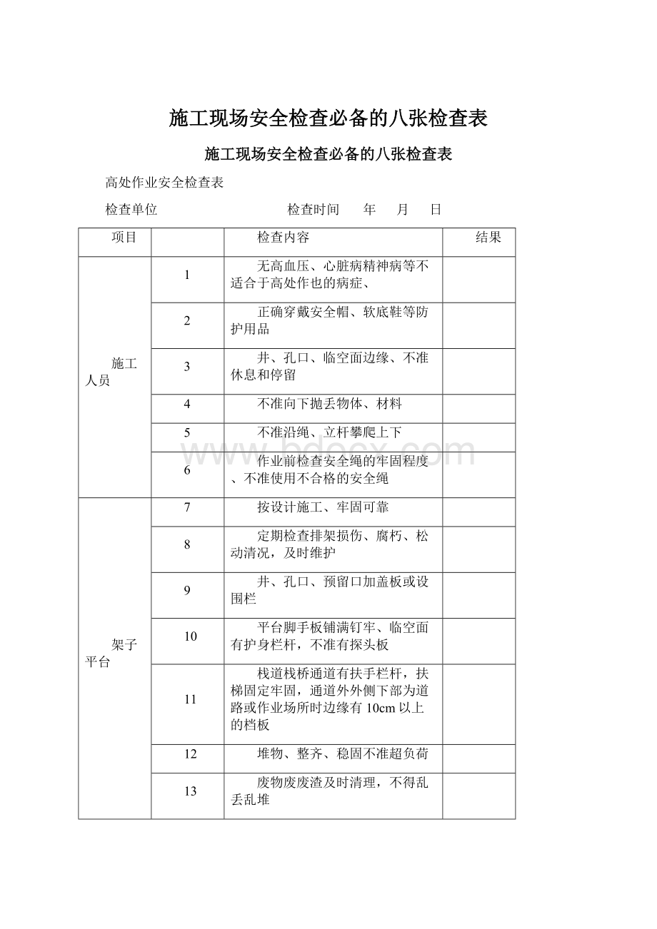 施工现场安全检查必备的八张检查表Word文档格式.docx