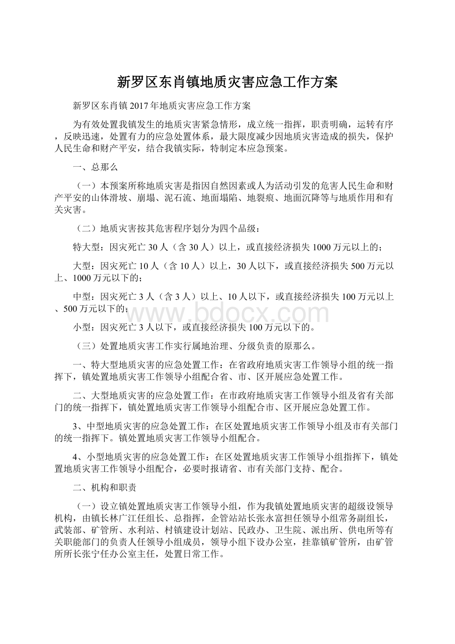 新罗区东肖镇地质灾害应急工作方案Word文档格式.docx