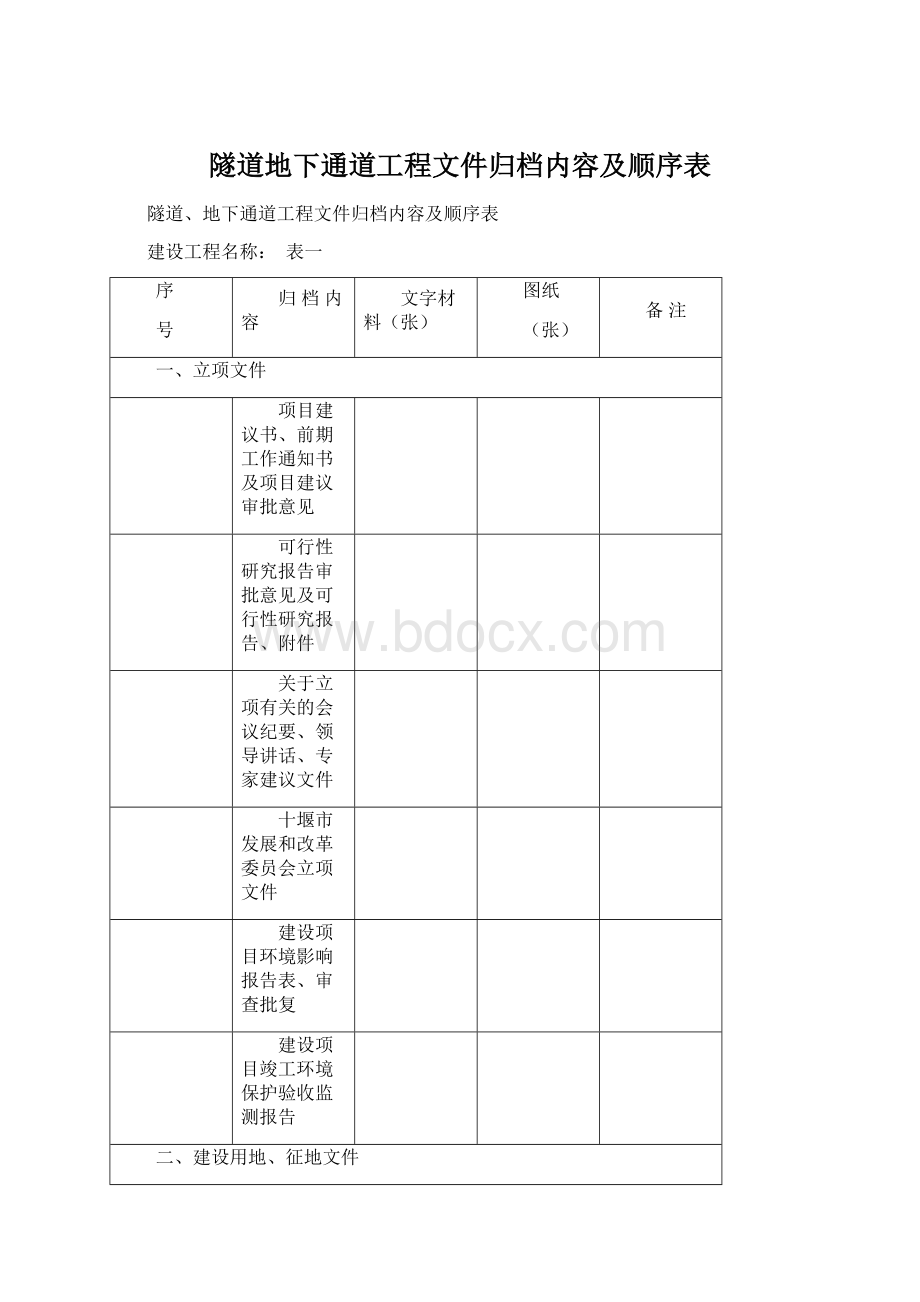 隧道地下通道工程文件归档内容及顺序表.docx