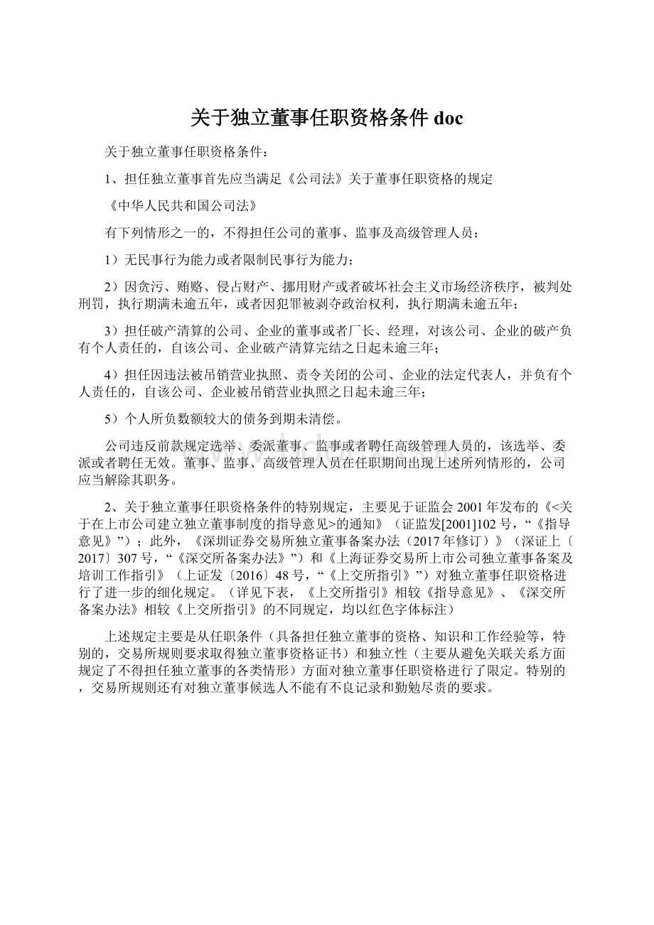 关于独立董事任职资格条件docWord文档格式.docx_第1页