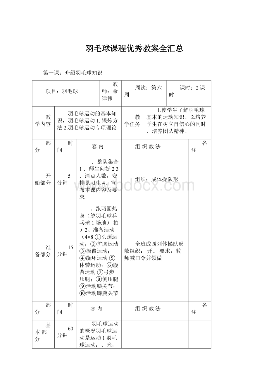 羽毛球课程优秀教案全汇总Word文档格式.docx