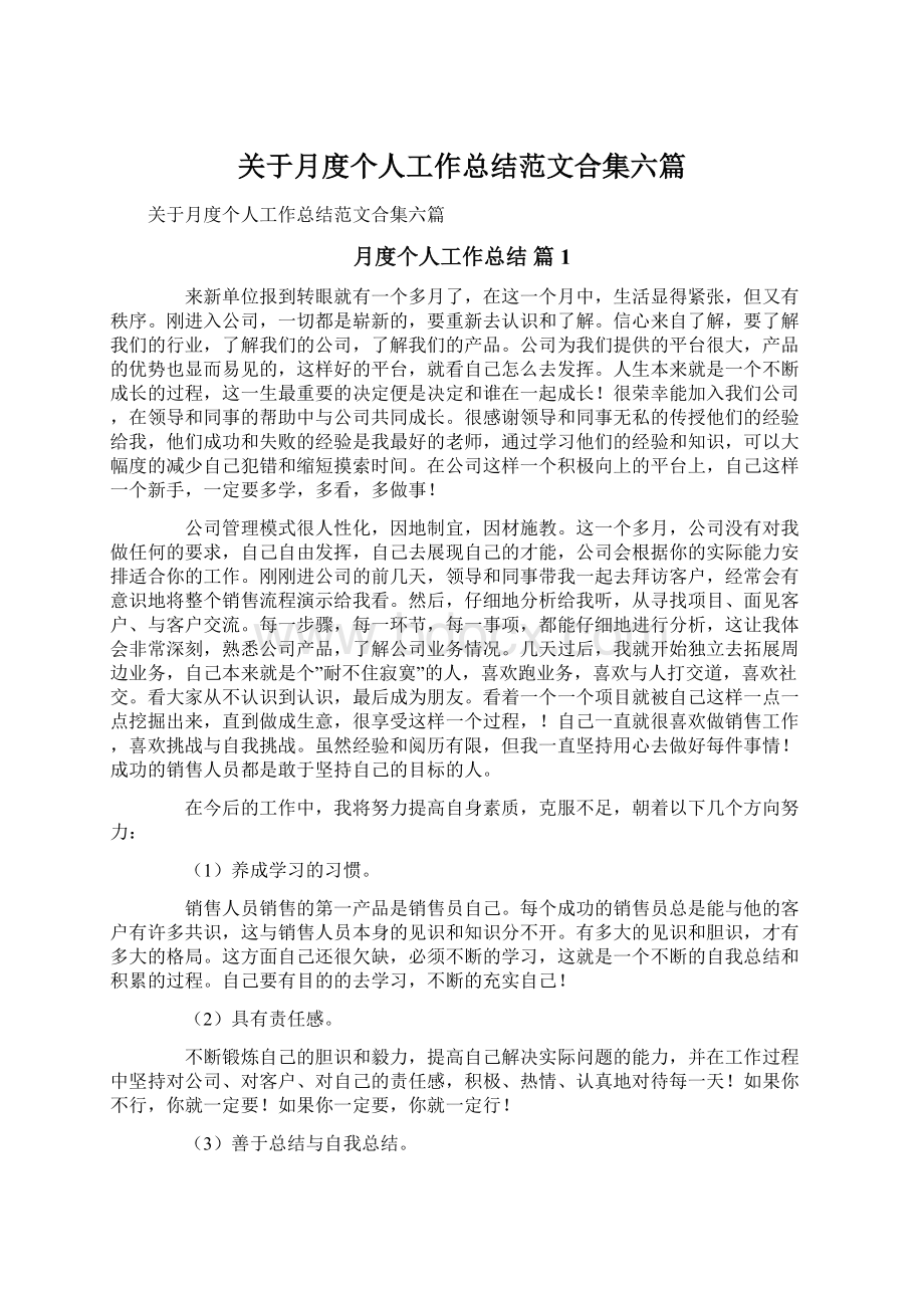 关于月度个人工作总结范文合集六篇.docx