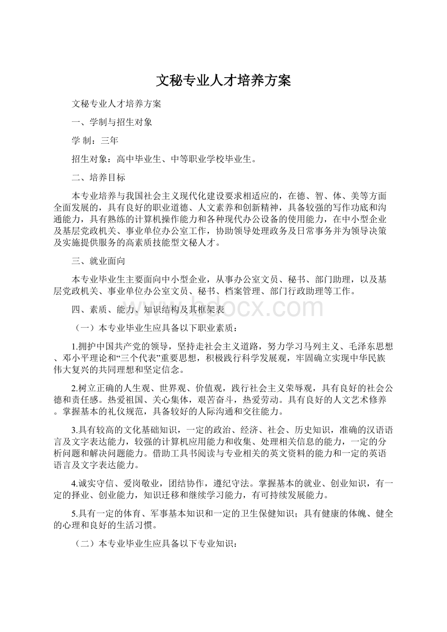 文秘专业人才培养方案.docx_第1页