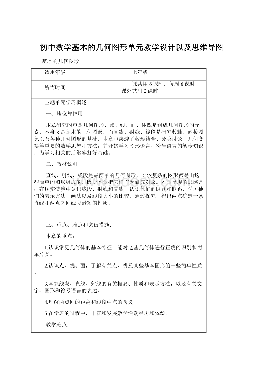 初中数学基本的几何图形单元教学设计以及思维导图.docx