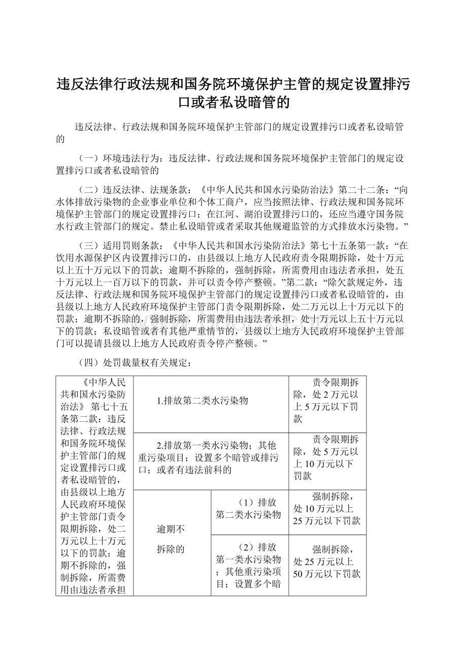 违反法律行政法规和国务院环境保护主管的规定设置排污口或者私设暗管的文档格式.docx