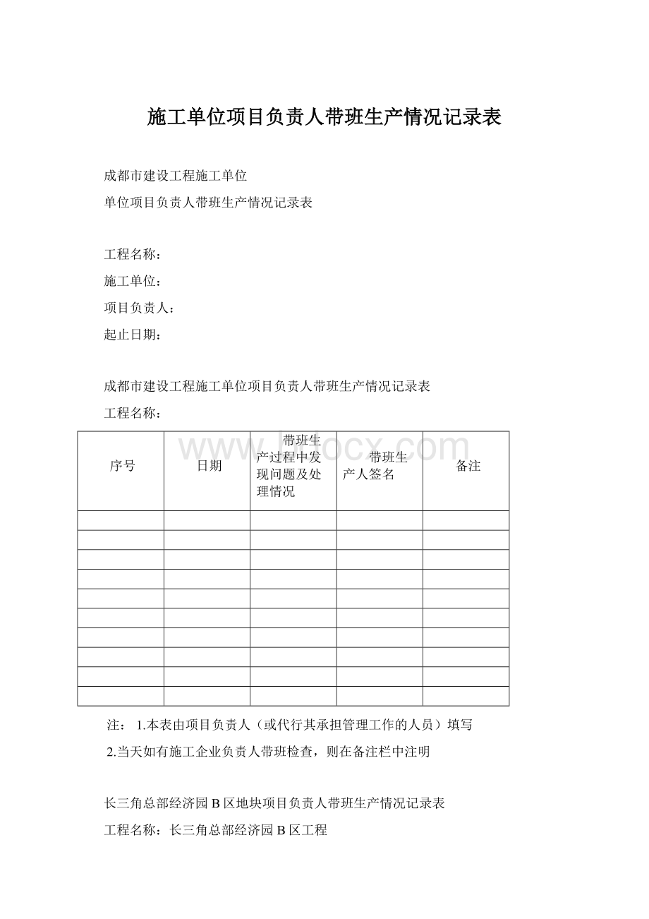 施工单位项目负责人带班生产情况记录表.docx_第1页