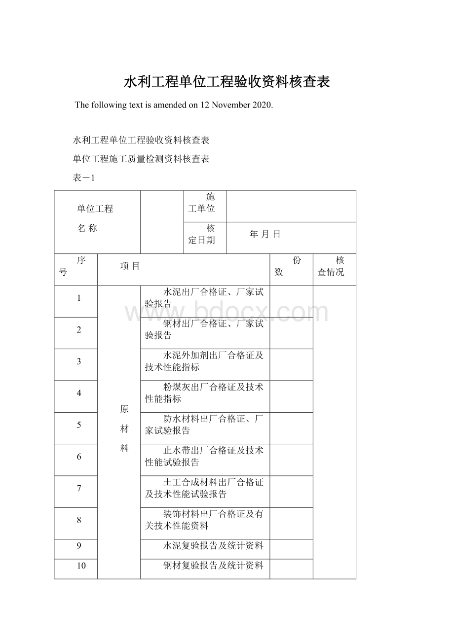 水利工程单位工程验收资料核查表Word格式文档下载.docx