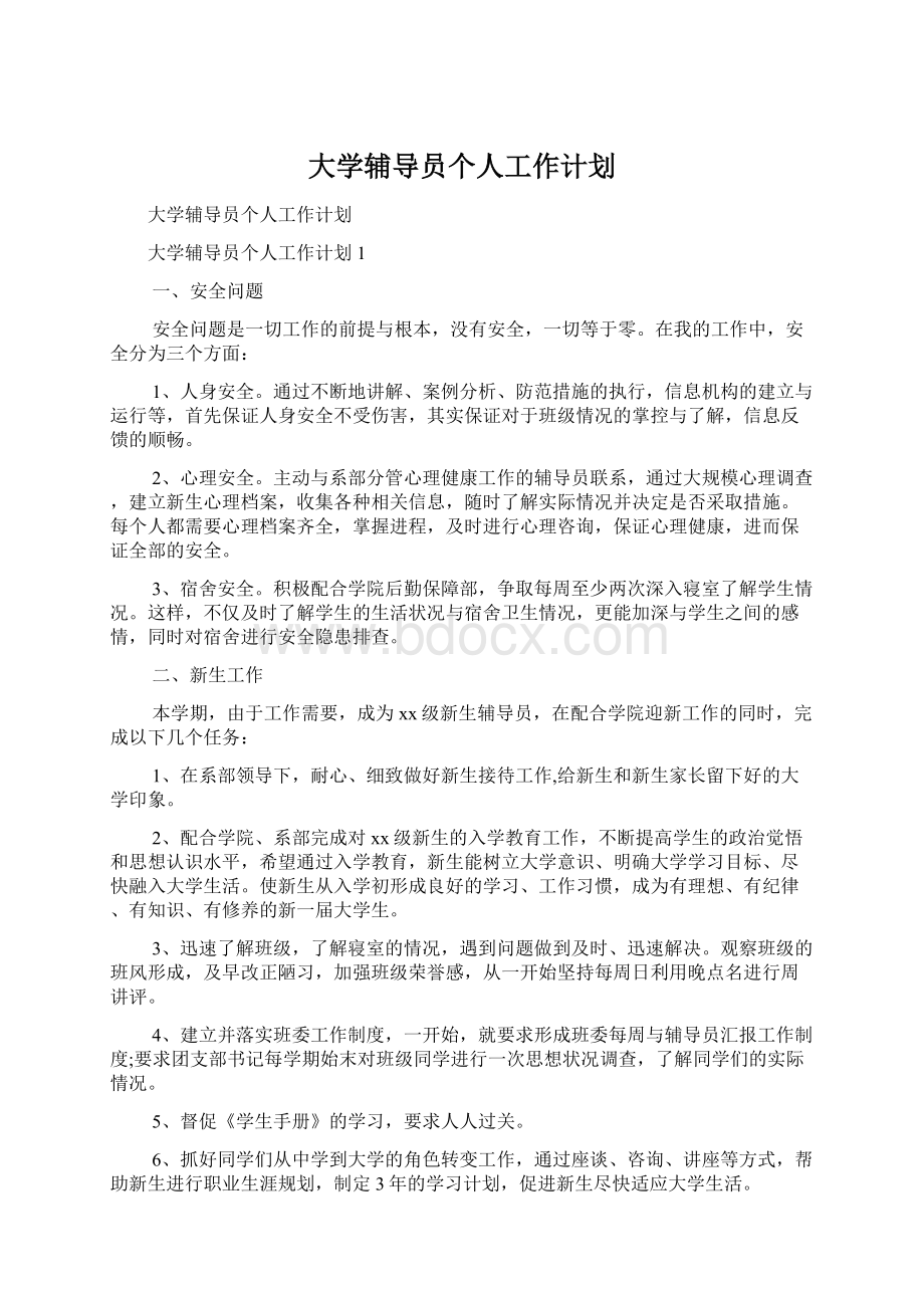 大学辅导员个人工作计划文档格式.docx_第1页