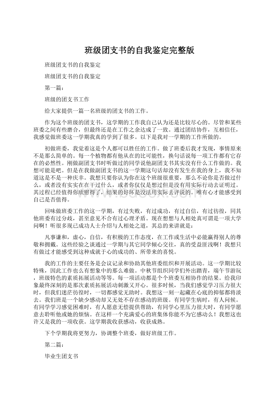 班级团支书的自我鉴定完整版Word文档下载推荐.docx