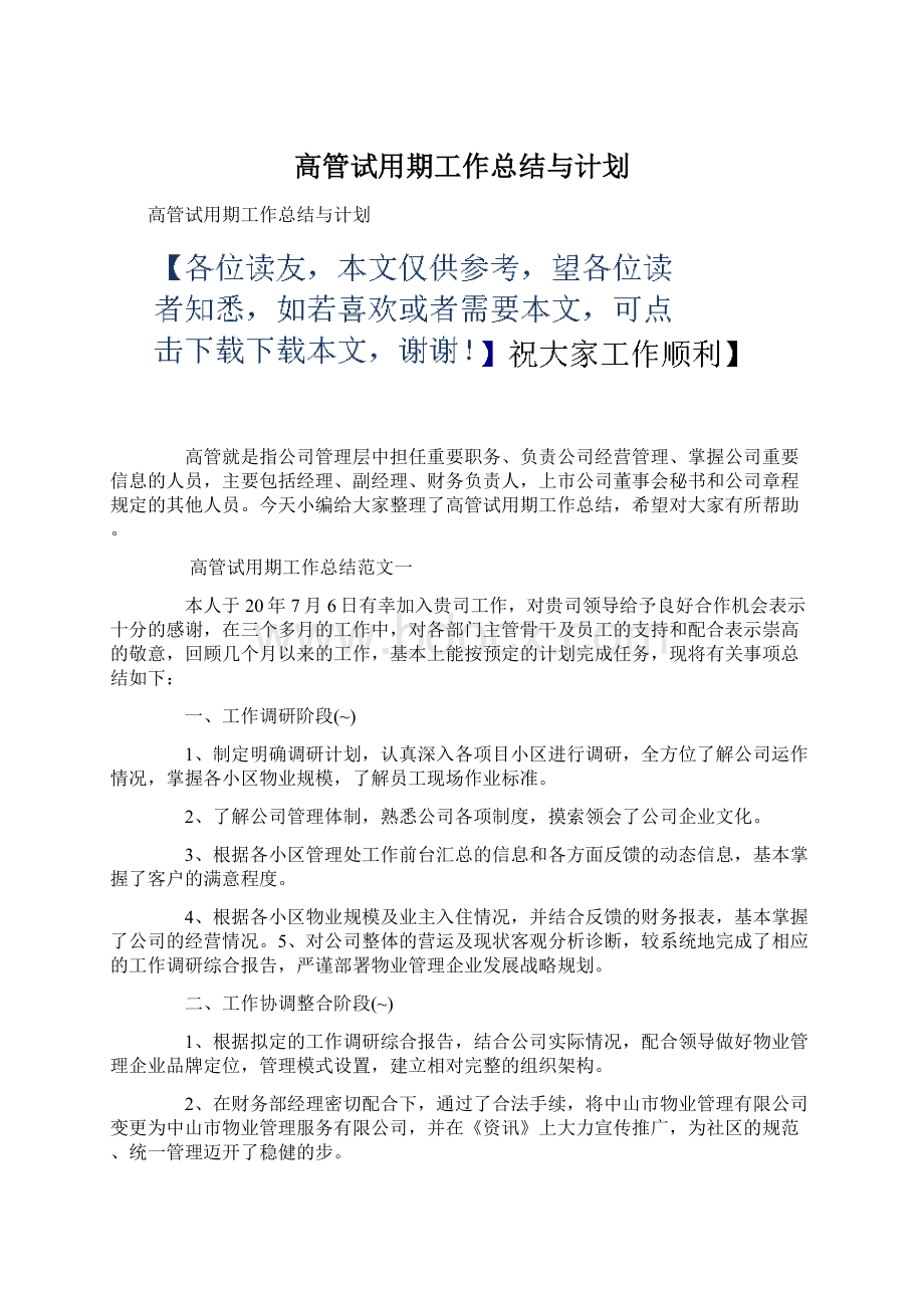 高管试用期工作总结与计划.docx_第1页