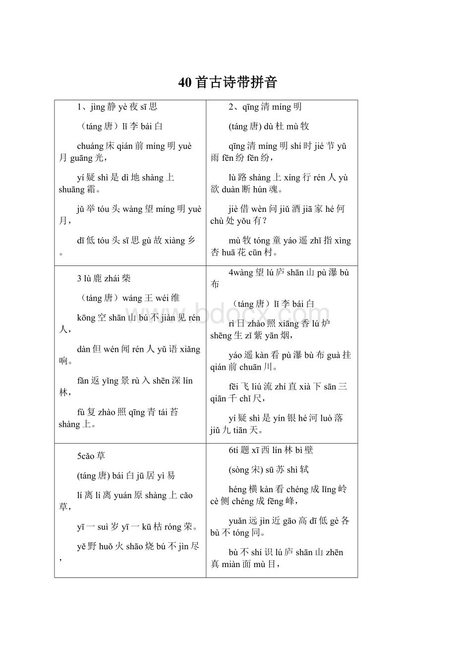 40首古诗带拼音.docx