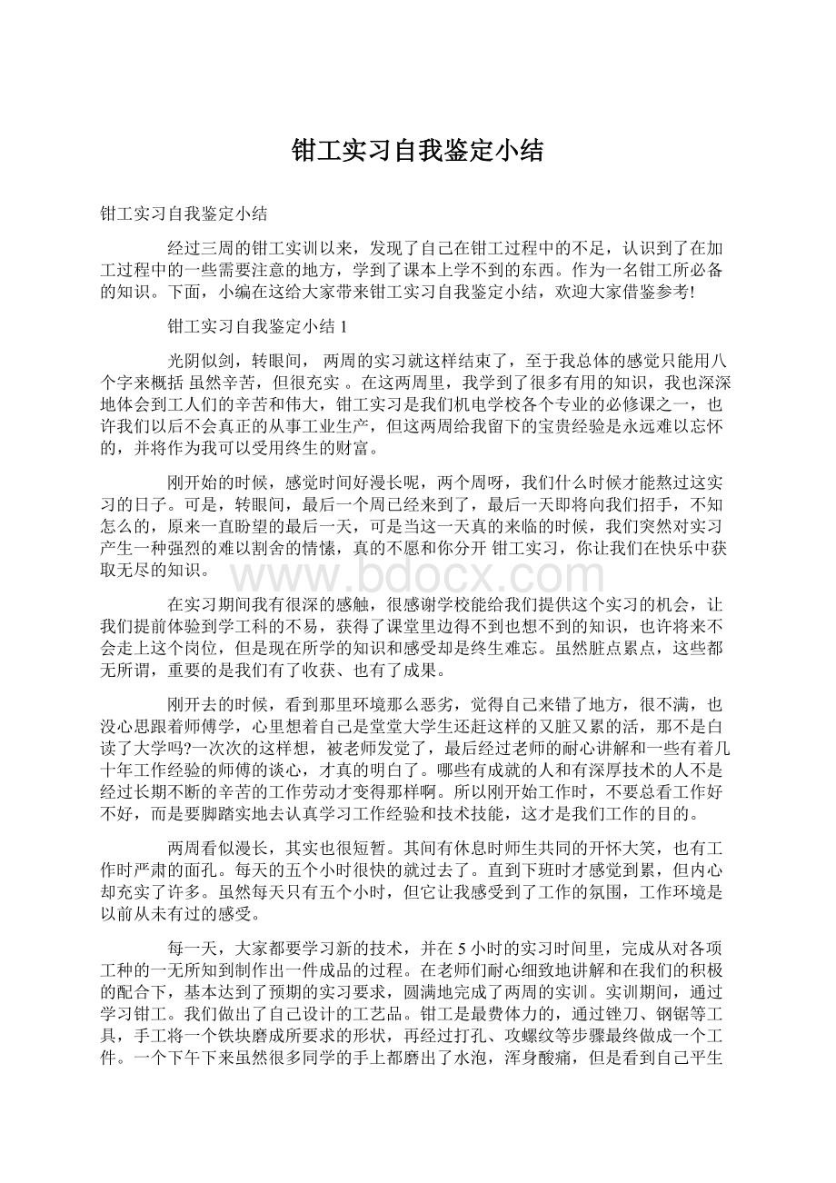 钳工实习自我鉴定小结.docx_第1页