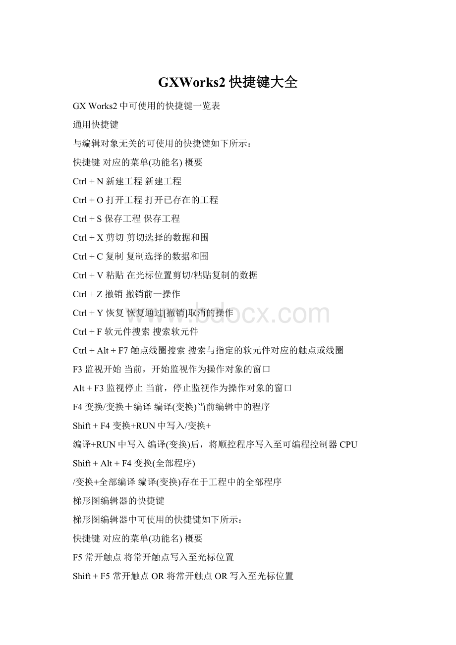 GXWorks2快捷键大全文档格式.docx_第1页