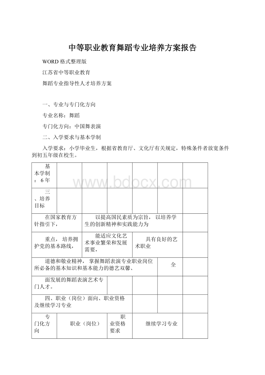 中等职业教育舞蹈专业培养方案报告.docx_第1页