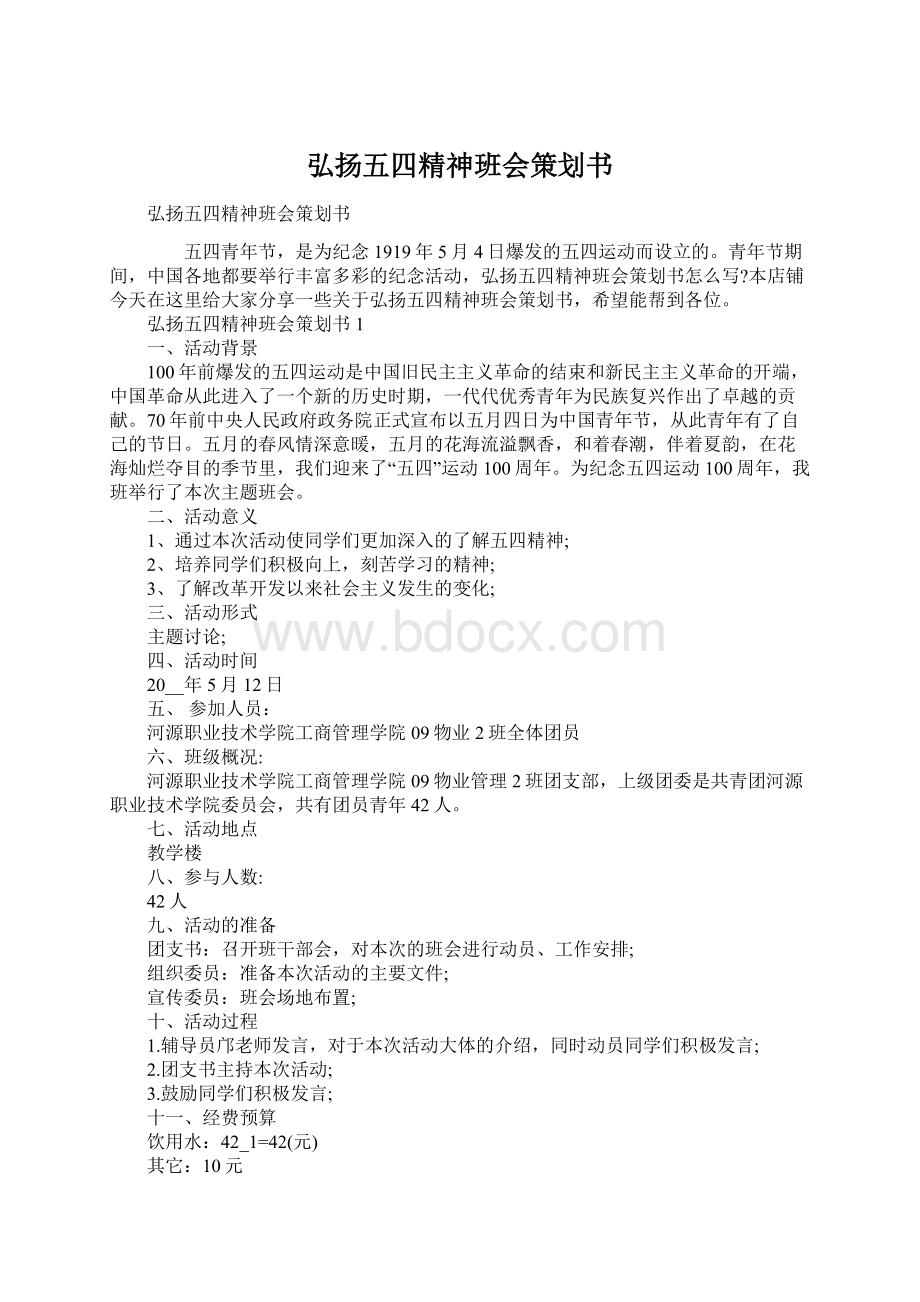 弘扬五四精神班会策划书文档格式.docx