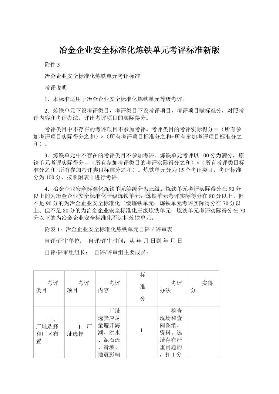 冶金企业安全标准化炼铁单元考评标准新版Word下载.docx