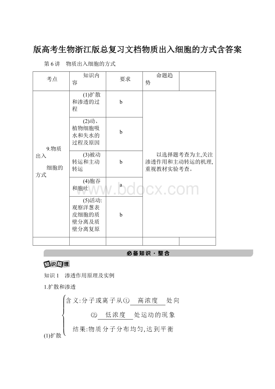 版高考生物浙江版总复习文档物质出入细胞的方式含答案.docx_第1页