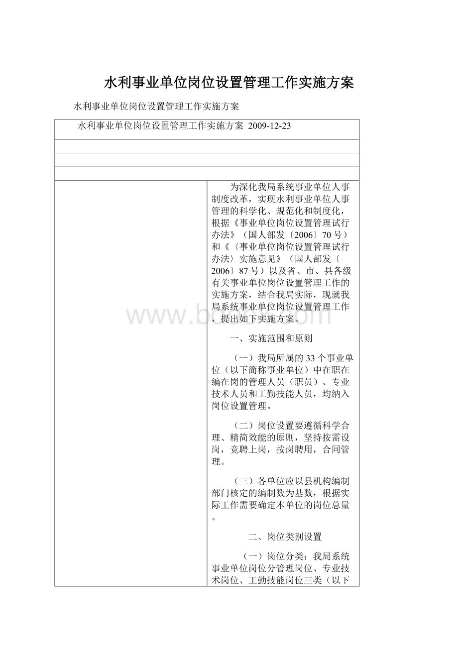 水利事业单位岗位设置管理工作实施方案文档格式.docx_第1页