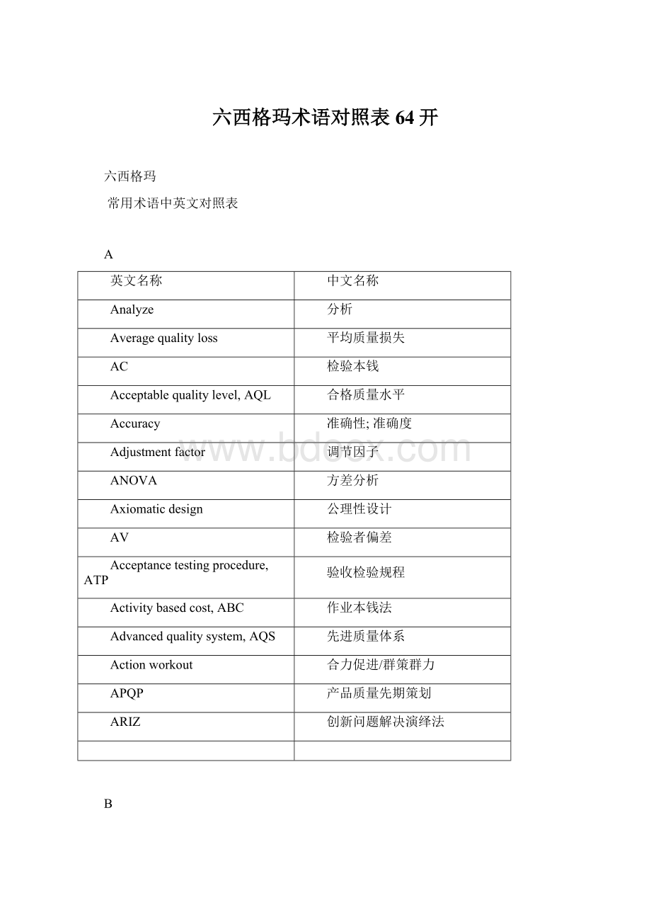 六西格玛术语对照表64开Word文档格式.docx