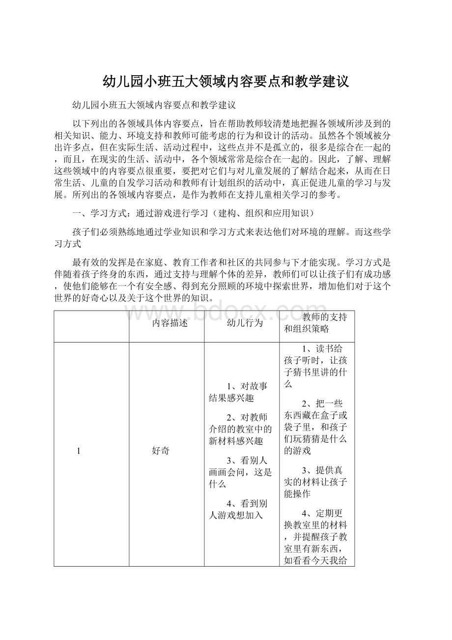 幼儿园小班五大领域内容要点和教学建议Word格式.docx