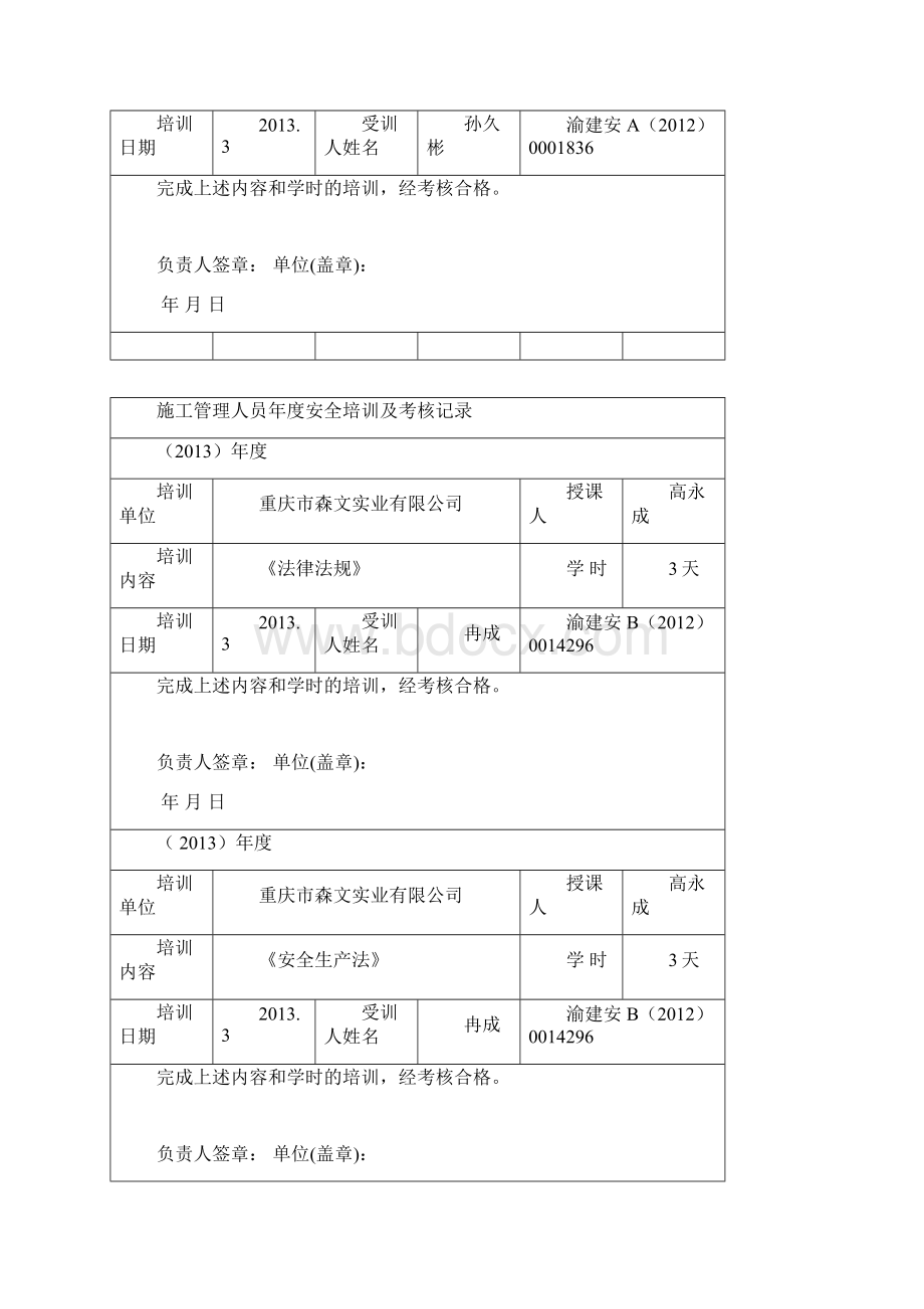 施工管理人员年度安全培训及考核记录Word格式.docx_第2页