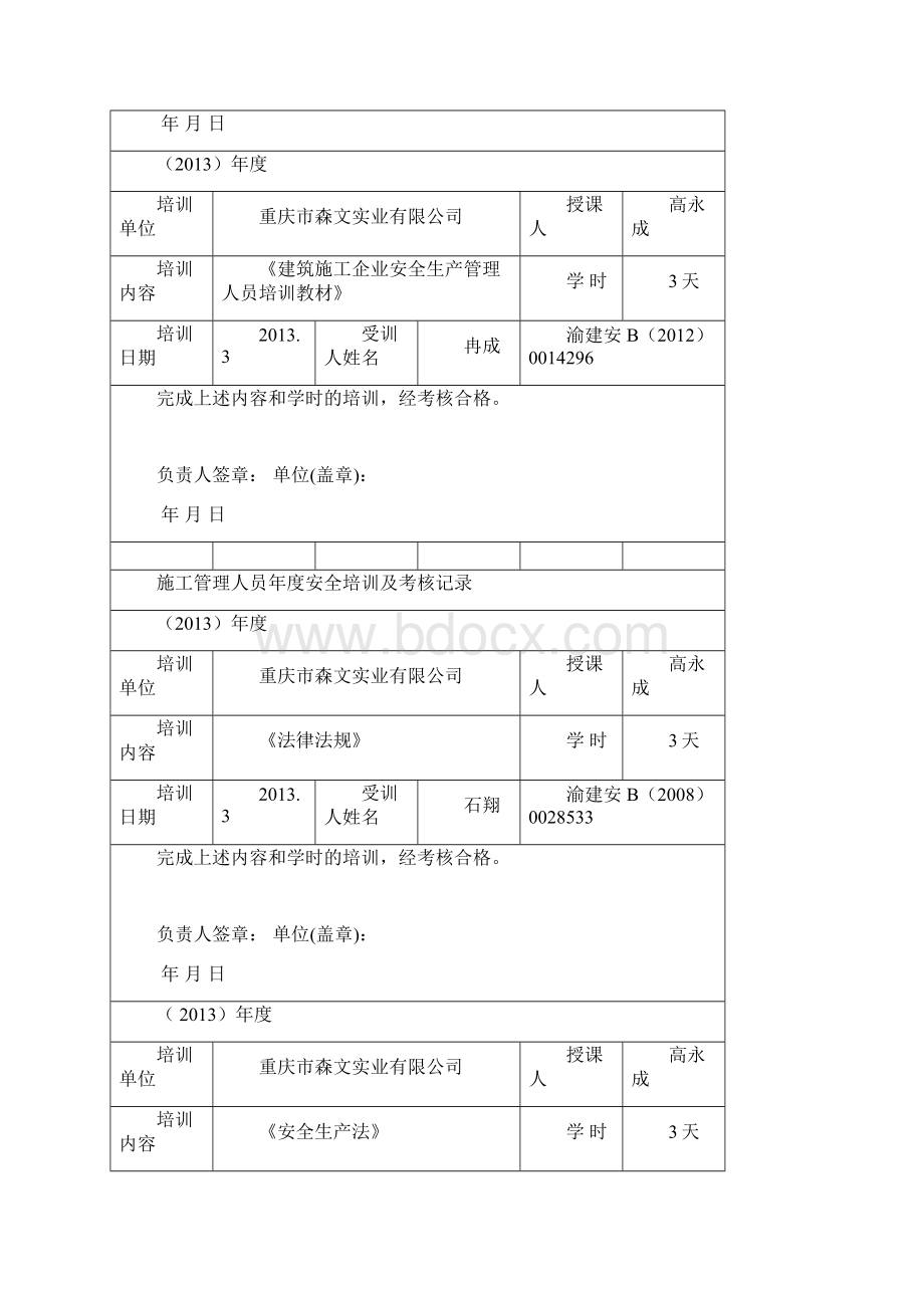 施工管理人员年度安全培训及考核记录Word格式.docx_第3页