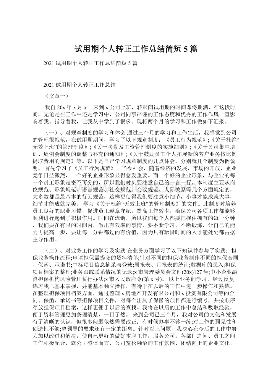 试用期个人转正工作总结简短5篇.docx