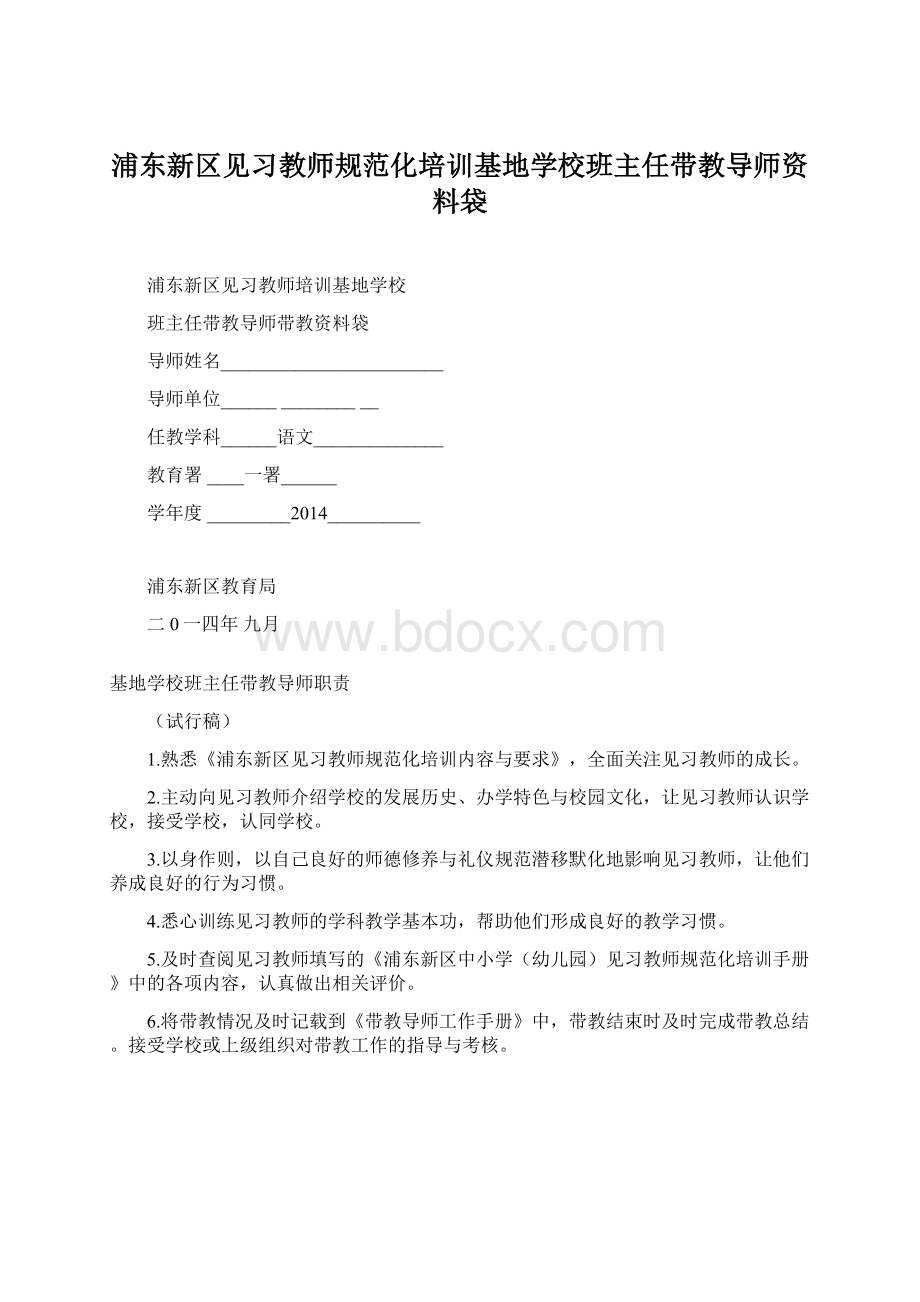 浦东新区见习教师规范化培训基地学校班主任带教导师资料袋.docx