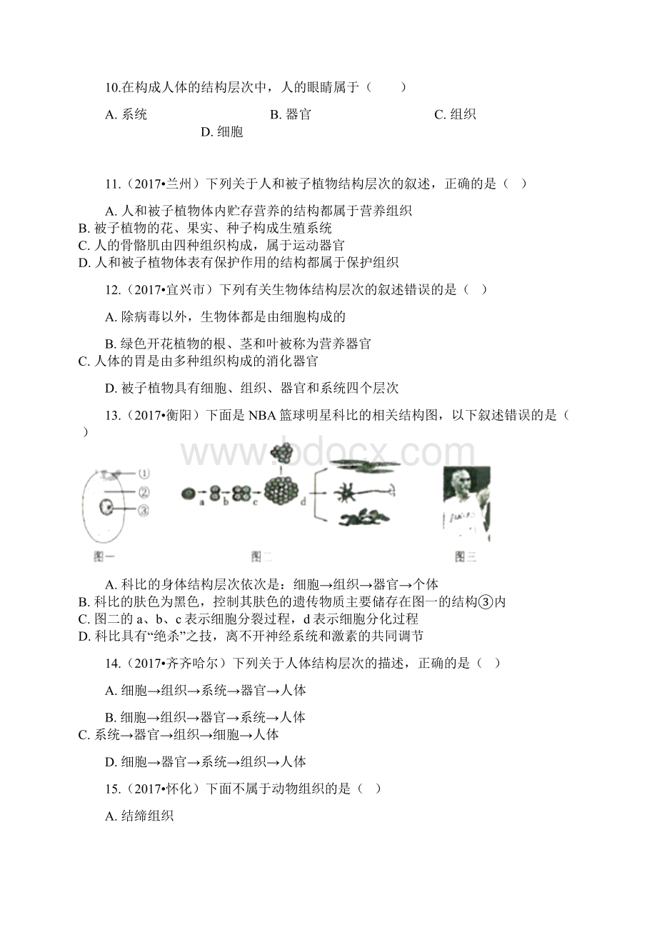 中考生物 动物体的结构层次复习计划专题6.docx_第3页