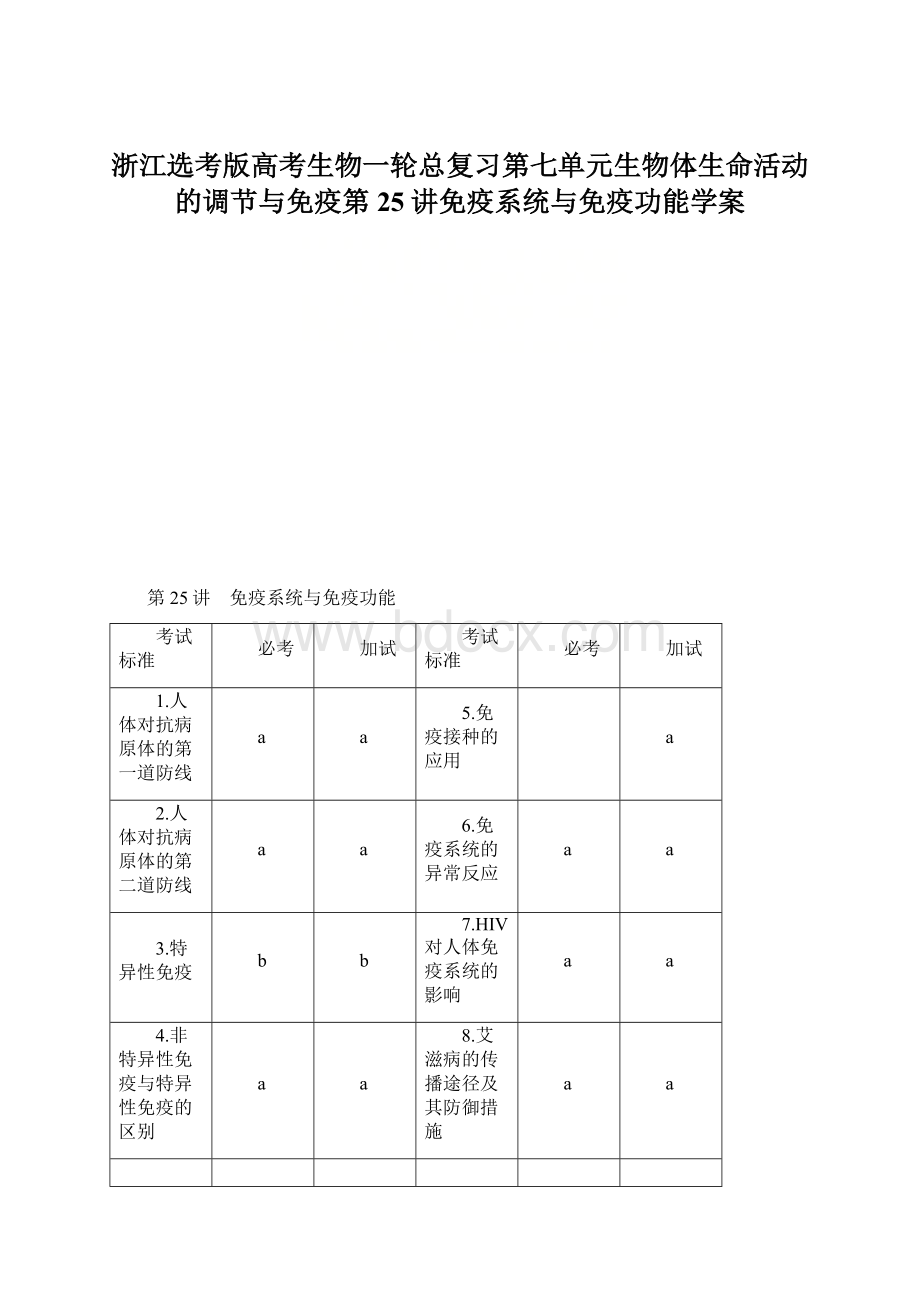 浙江选考版高考生物一轮总复习第七单元生物体生命活动的调节与免疫第25讲免疫系统与免疫功能学案.docx