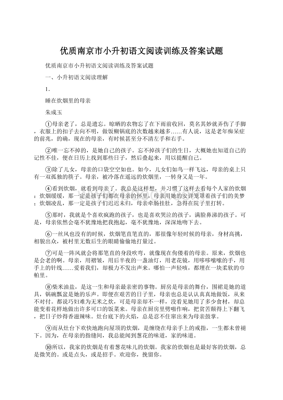 优质南京市小升初语文阅读训练及答案试题.docx